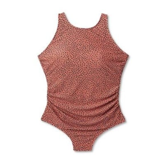 Women's Spotted Print High Neck Ruched Full Coverage One Piece Swimsuit - K - Picture 4 of 5